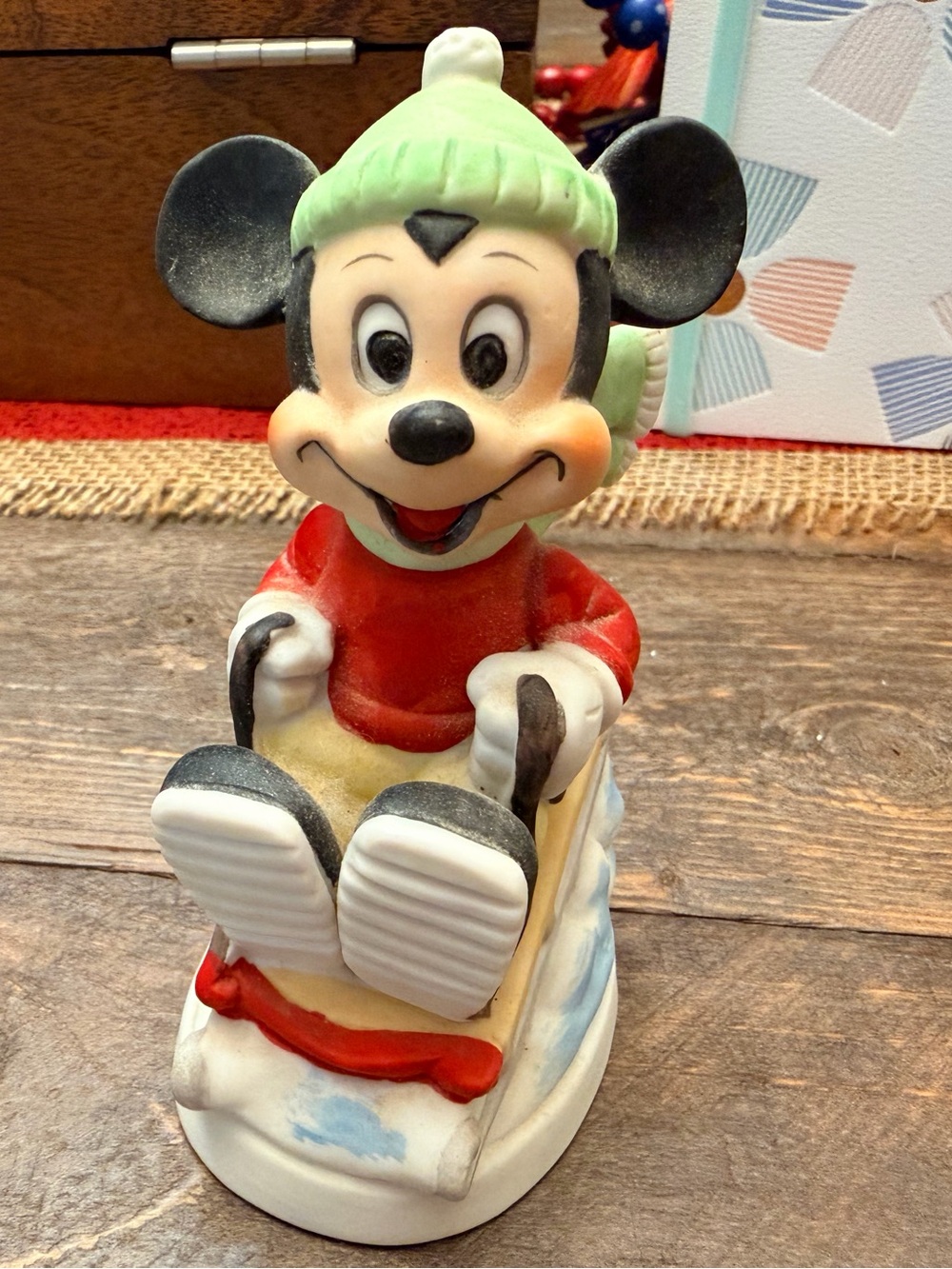 Vintage Walt Disney Productions Mickey Mouse on Sled Ceramic Figurine 4" GUC